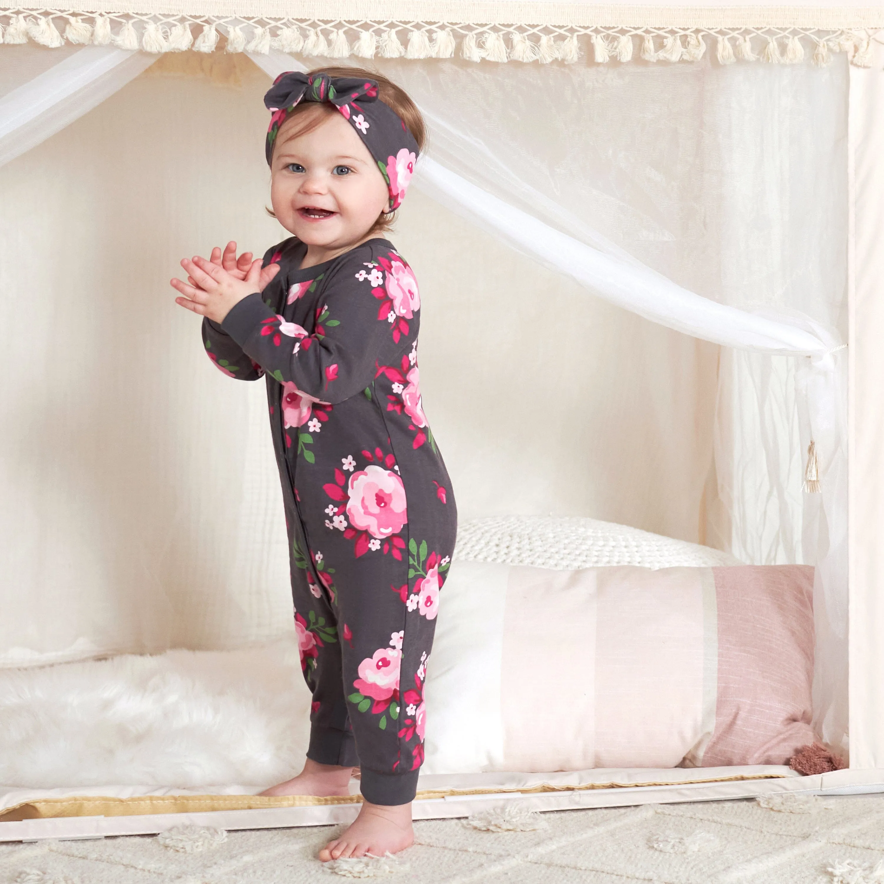 2-Piece Baby Girls Burgundy Garden Coverall & Headband Set