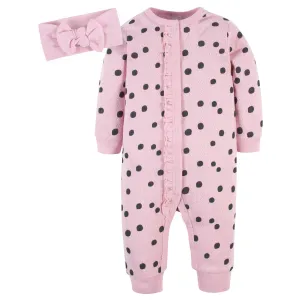 2-Piece Baby Girls Pink A Dots Coverall & Headband Set