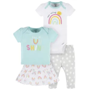 4-Piece Baby Girls Dots Of Rainbows Onesies® Bodysuit, Tee, Skort & Pant Set