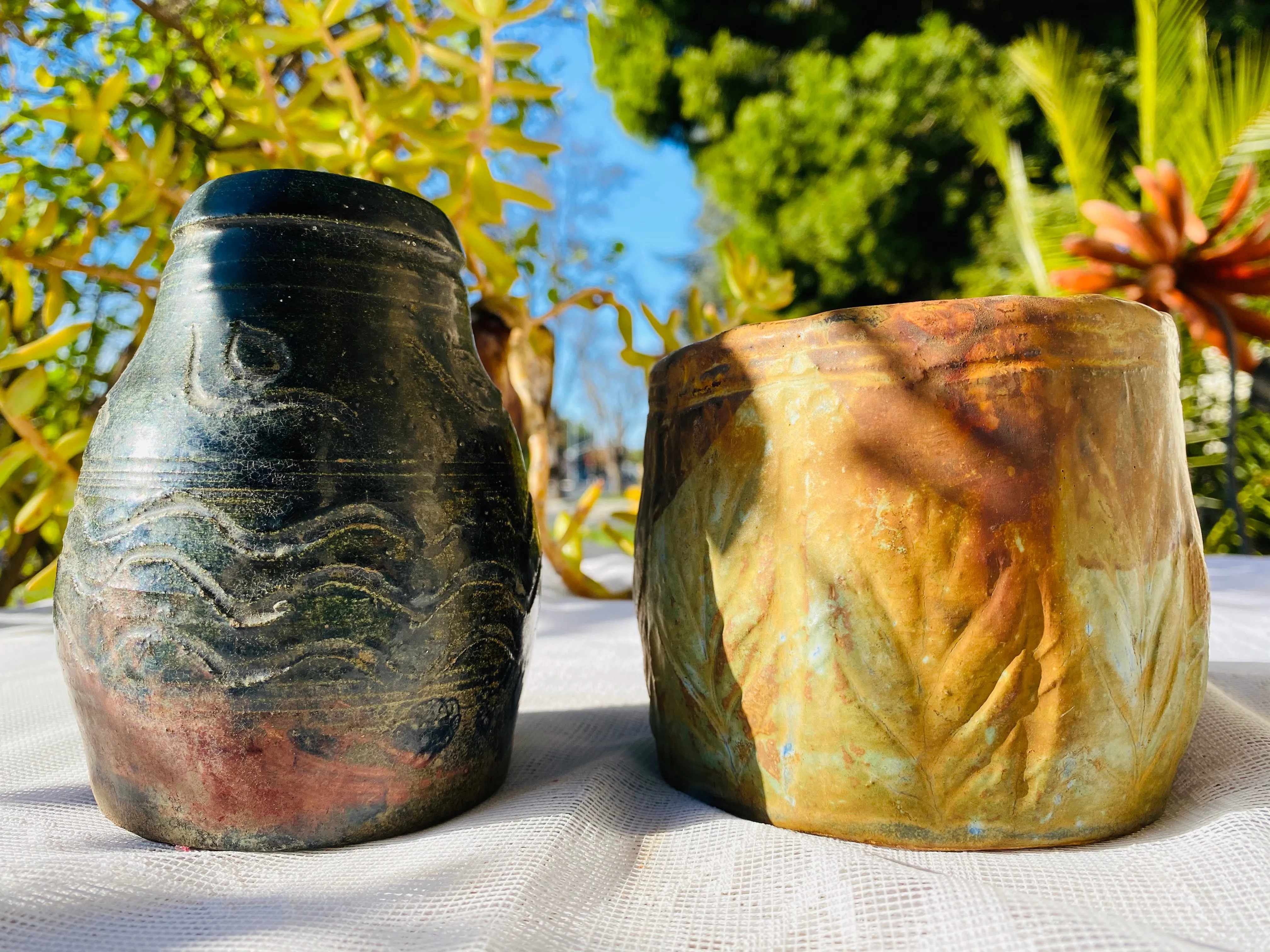 Artisan Signed RML Richard Lincoln Pottery Hand Made Clay Pot Art Vase Set Vases