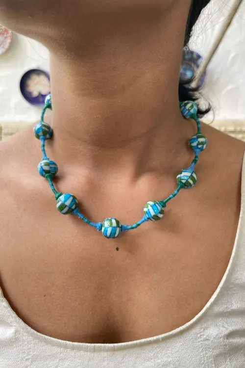 Blue Pottery Handcrafted Adjustable Light Blue, Green Necklace