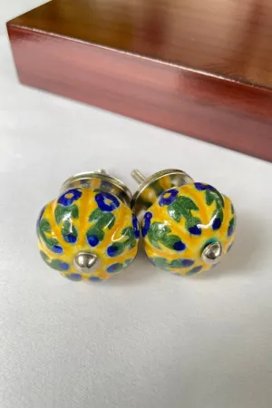 Blue Pottery Handcrafted Lotus Yellow Door Knobs (Set Of 2)