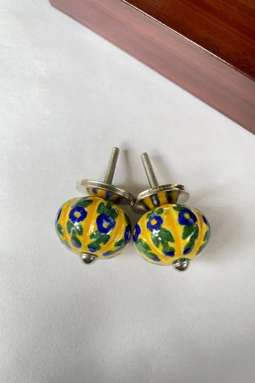 Blue Pottery Handcrafted Lotus Yellow Door Knobs (Set Of 2)