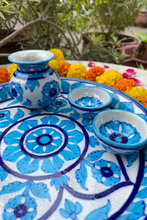 Blue Pottery Handcrafted Pooja Thali Light Blue And White