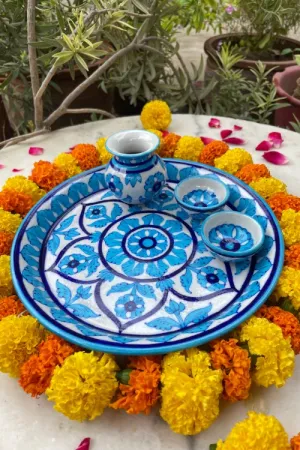 Blue Pottery Handcrafted Pooja Thali Light Blue And White