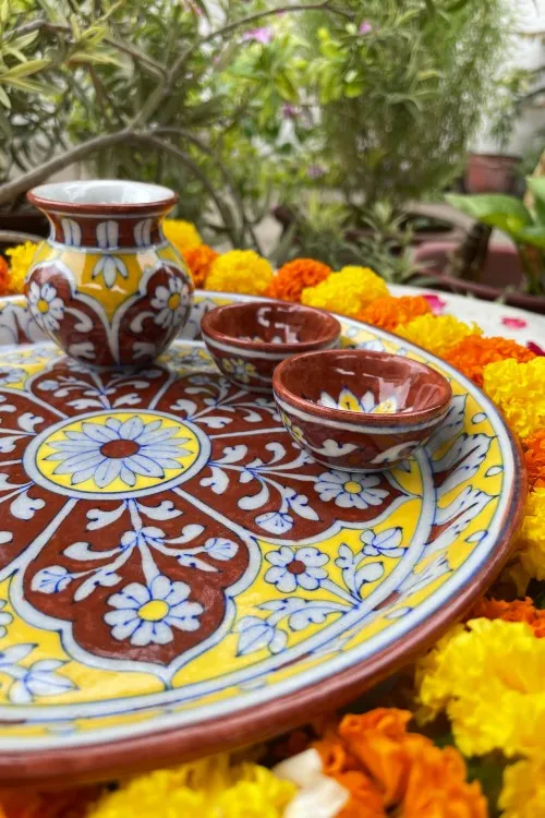 Blue Pottery Handcrafted Pooja Thali Red And Yellow