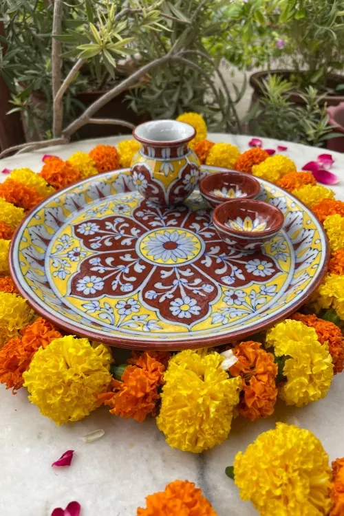 Blue Pottery Handcrafted Pooja Thali Red And Yellow