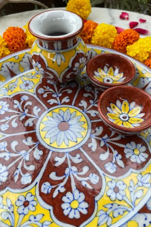 Blue Pottery Handcrafted Pooja Thali Red And Yellow