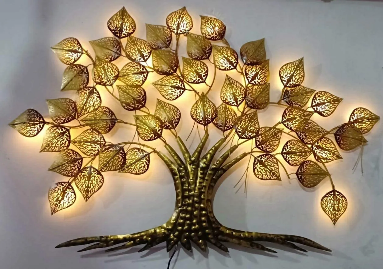 BPE Handcrafted Iron Wall Hanging LED Gold Tree for Home Living Room Wall (Abstract)