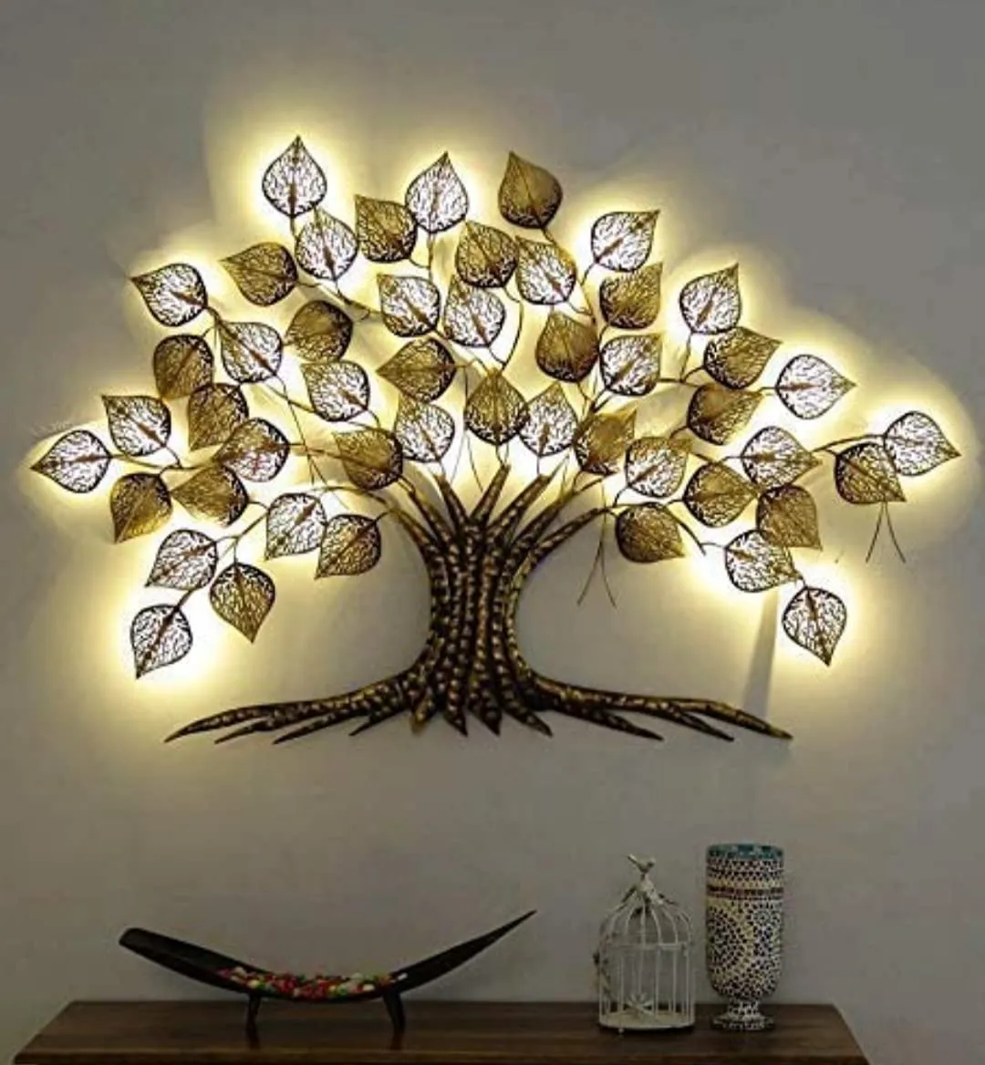 BPE Handcrafted Iron Wall Hanging LED Gold Tree for Home Living Room Wall (Abstract)