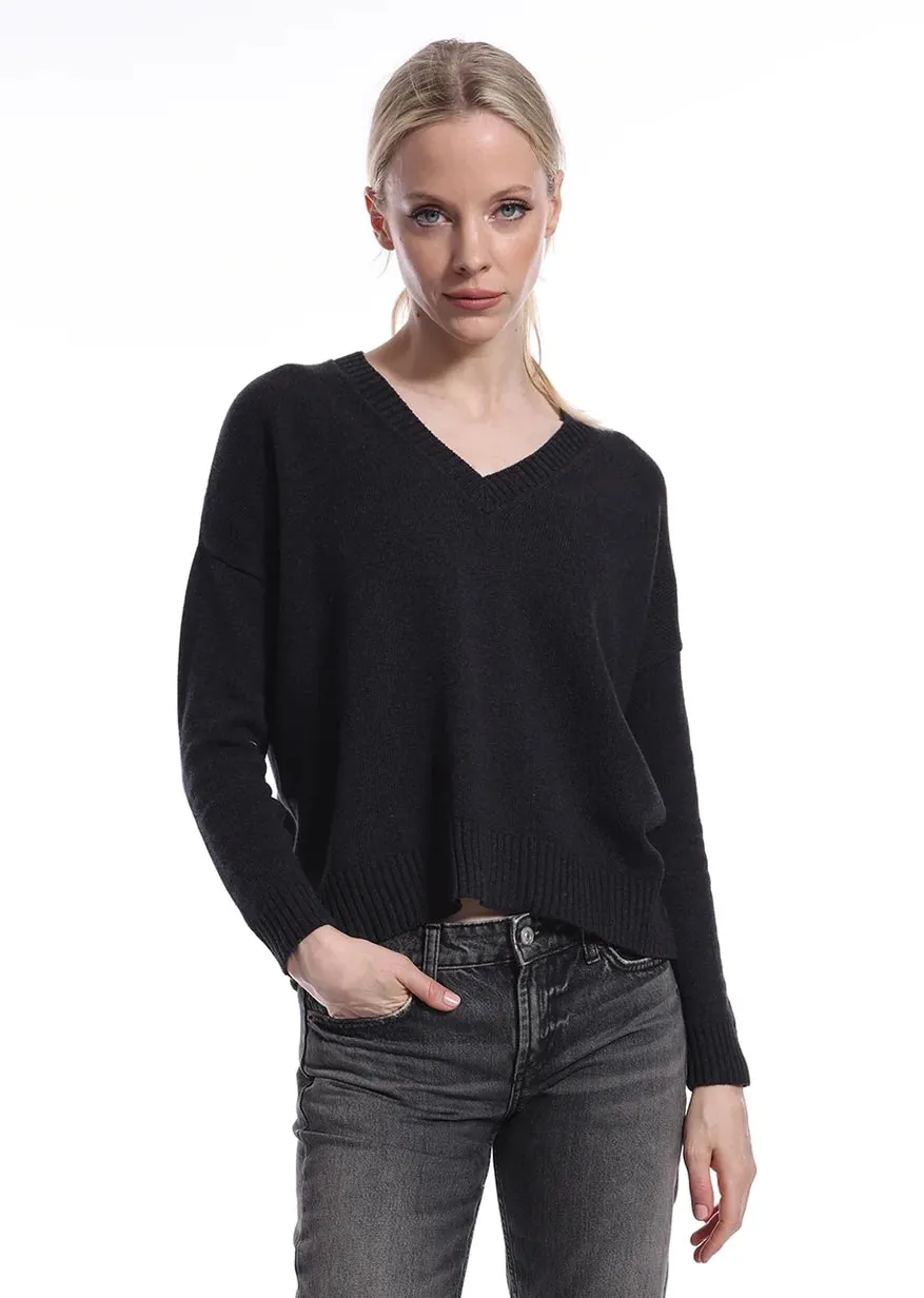 Cashmere/Cotton Boxy V-Neck Sweater in Black Charcoal