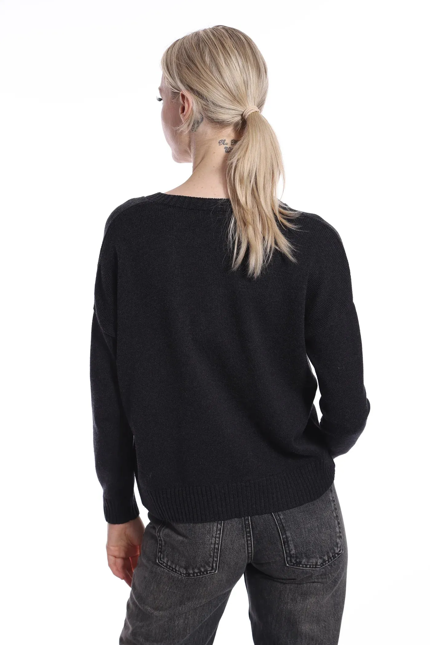 Cashmere/Cotton Boxy V-Neck Sweater in Black Charcoal