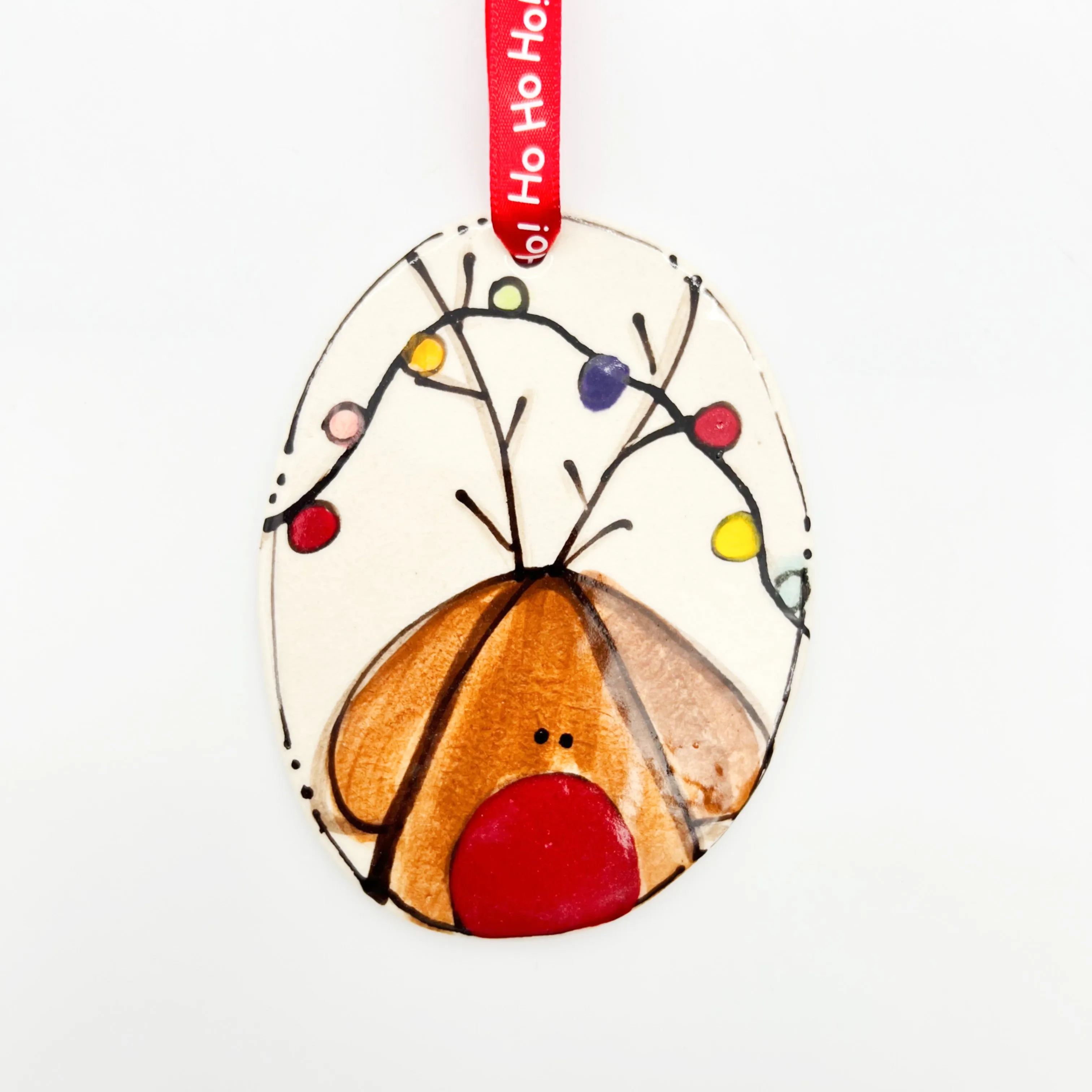 Ceramic Oval Reindeer Lights Ornament