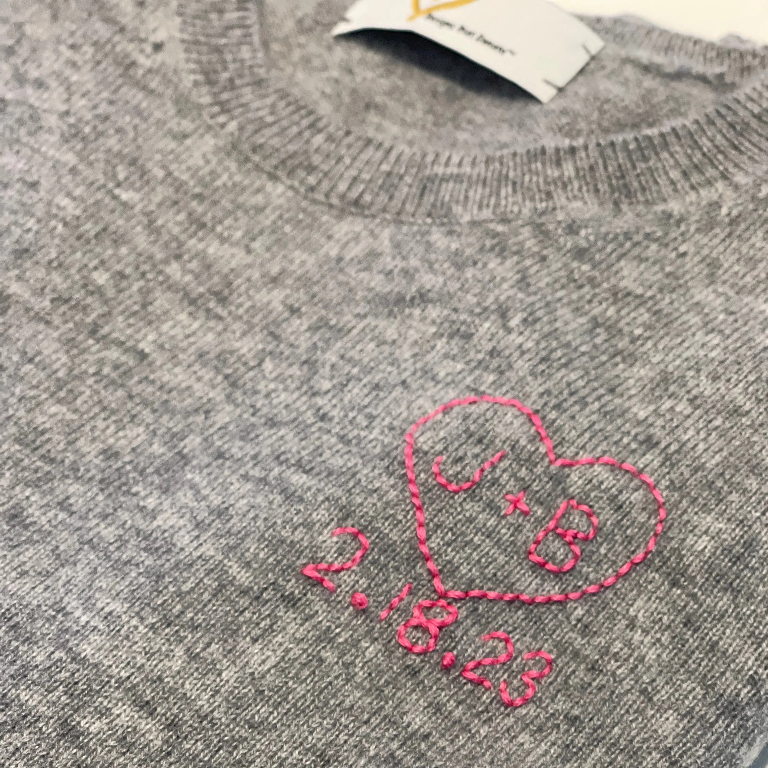 DTD Long Sleeve Cashmere Sweater with Custom Hand Embroidered Heart & Date