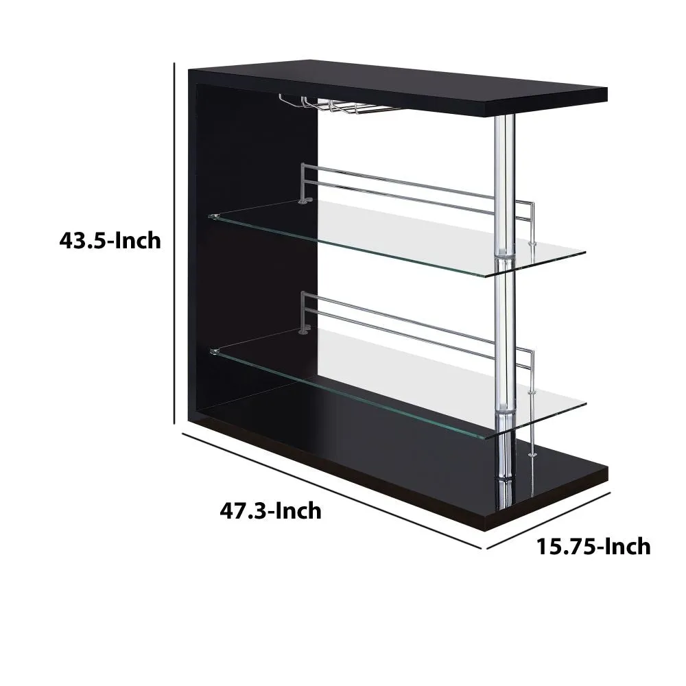 Enticing Rectangular Bar Unit With 2 Shelves And Wine Holder, Black