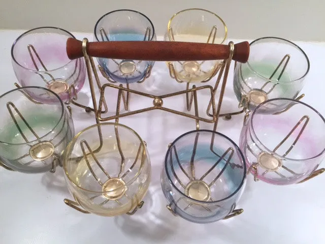 Federal Glass Mid-Century Somewhere Over the Rainbow Roly Poly Bar Set (8 Glasses with Carrier)