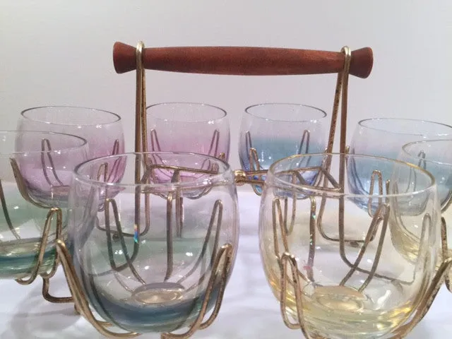 Federal Glass Mid-Century Somewhere Over the Rainbow Roly Poly Bar Set (8 Glasses with Carrier)