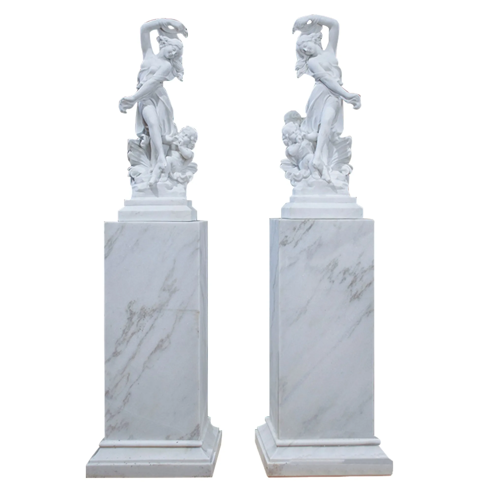 FINEST Outdoor Sculpture Pair Children and Women White Marble Statue with Pedestals FM-015