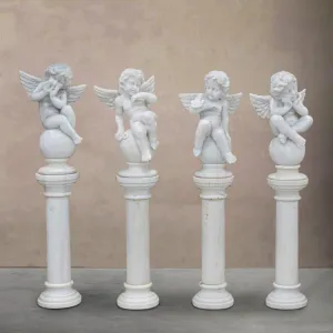 FINEST Yard Sculptures Cherub White Marble Statues With Pillar Base FM-013