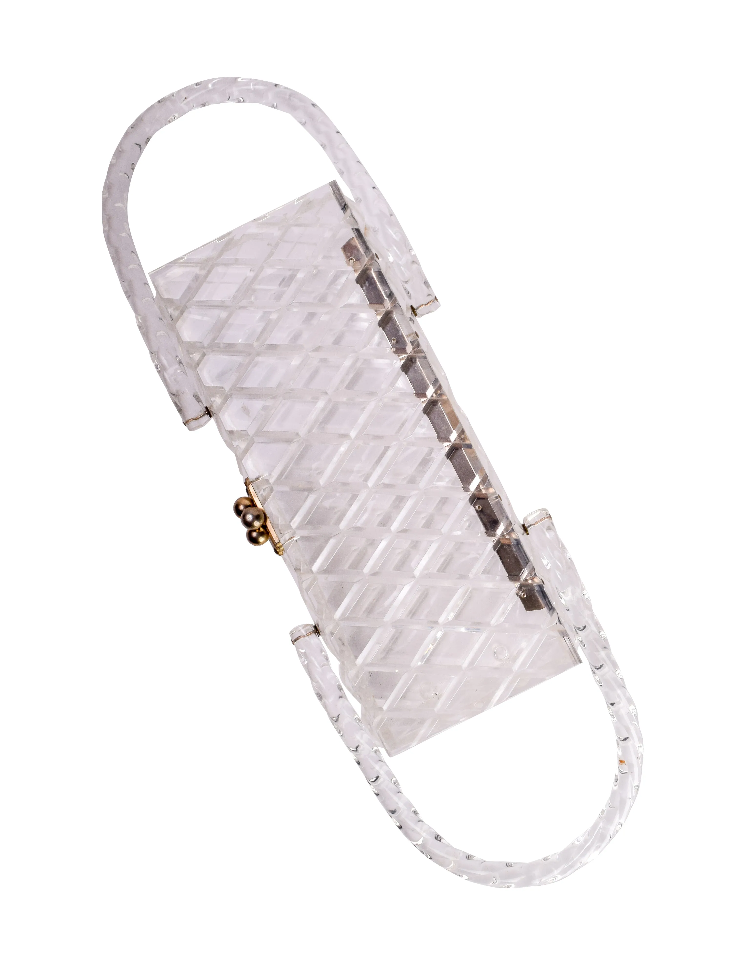 Florida Handbags Vintage 1950s Clear Lattice Carved Lucite Elongated Handbag