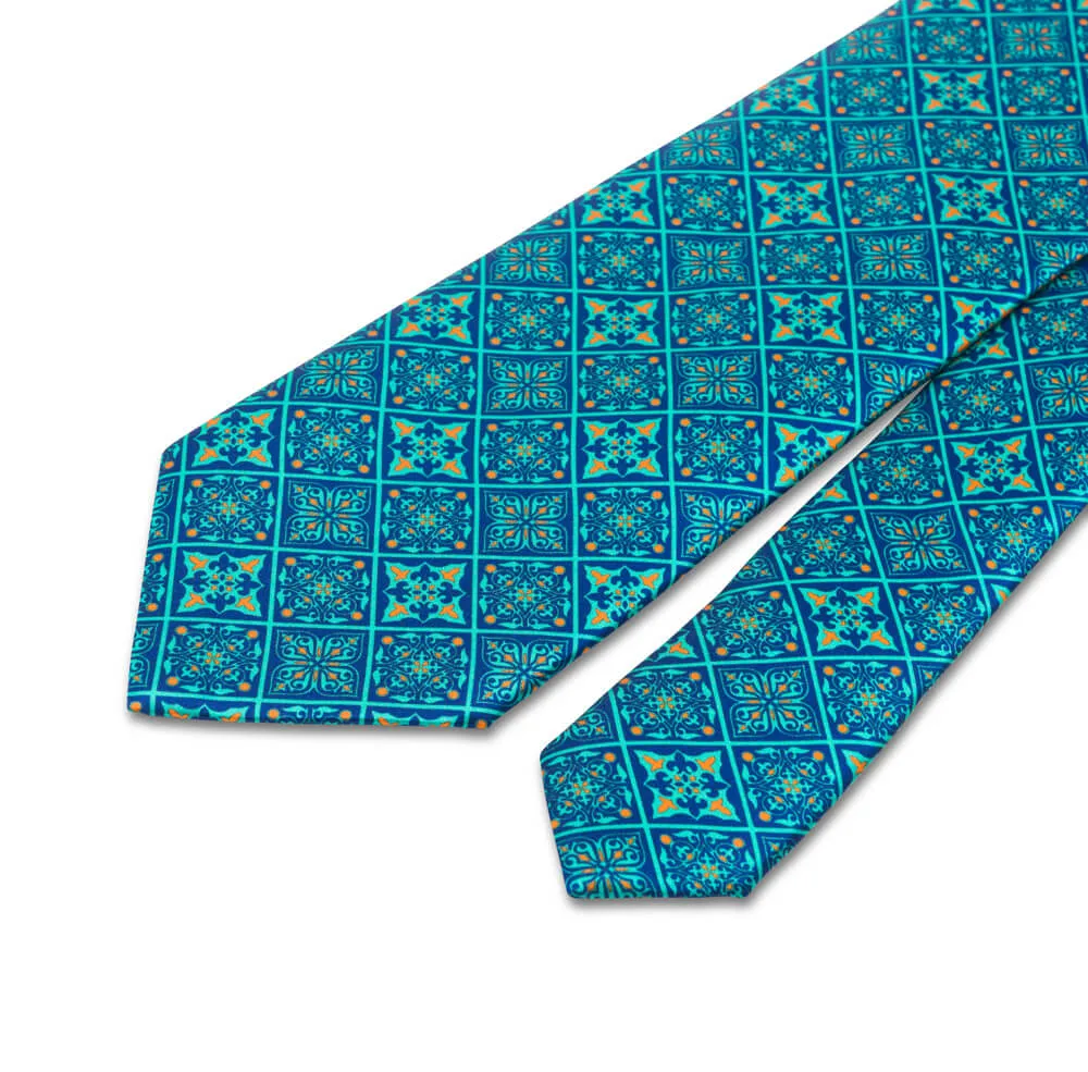 Green and Blue Medieval Mosaic Duchesse Silk Tie