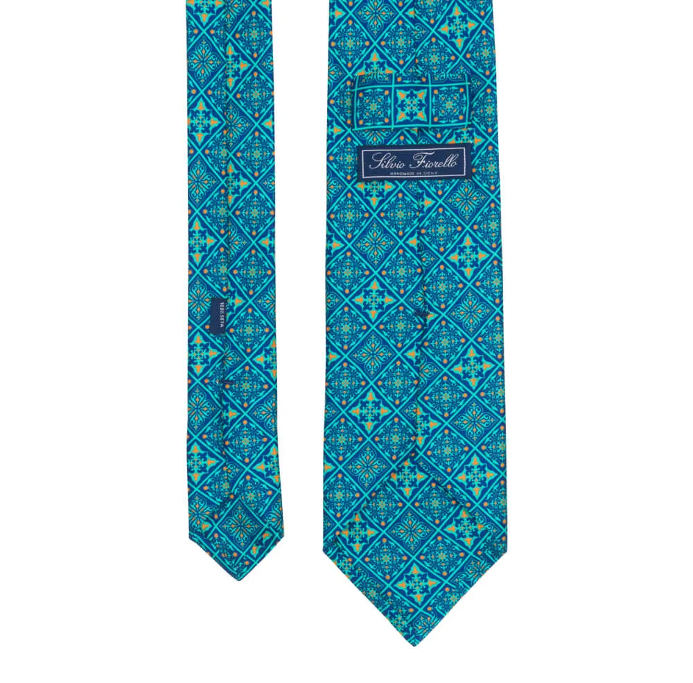 Green and Blue Medieval Mosaic Duchesse Silk Tie