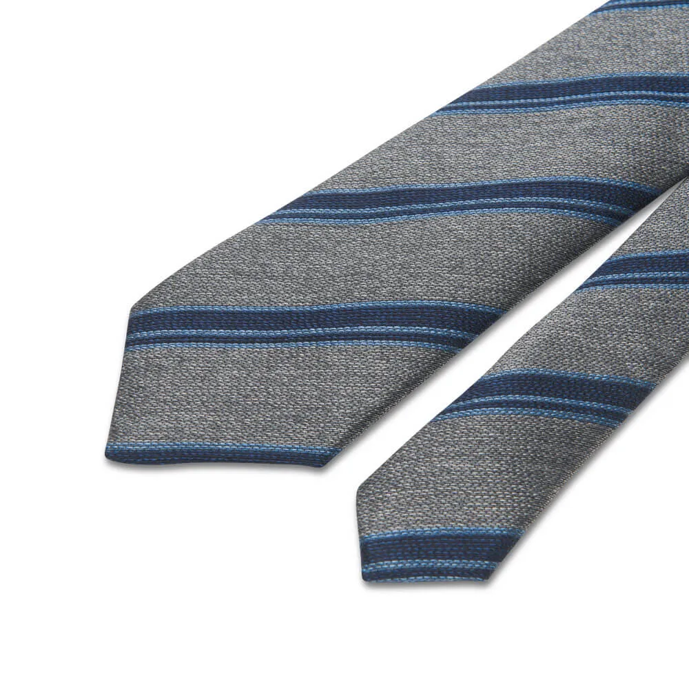 Grey and Blue Stripes Cotton Silk Wool Tie