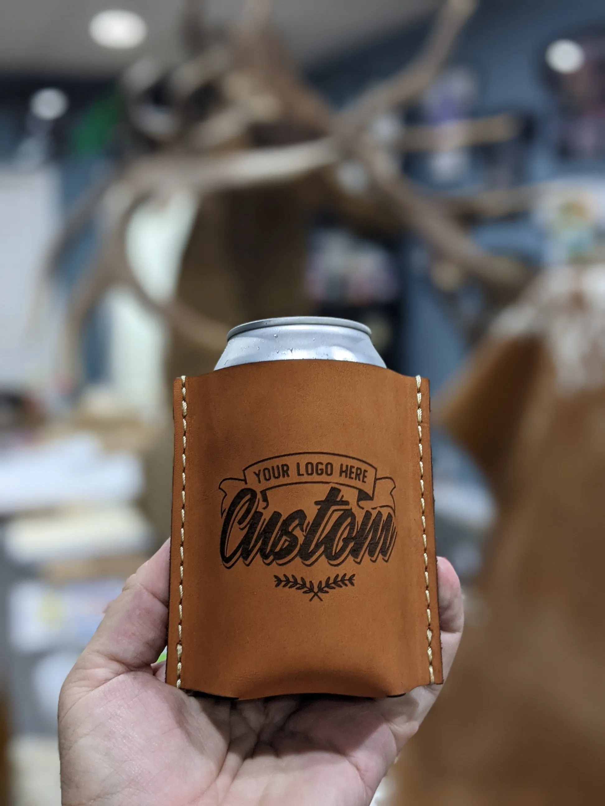 Handmade Brown Custom Laser Engraved Leather Koozie