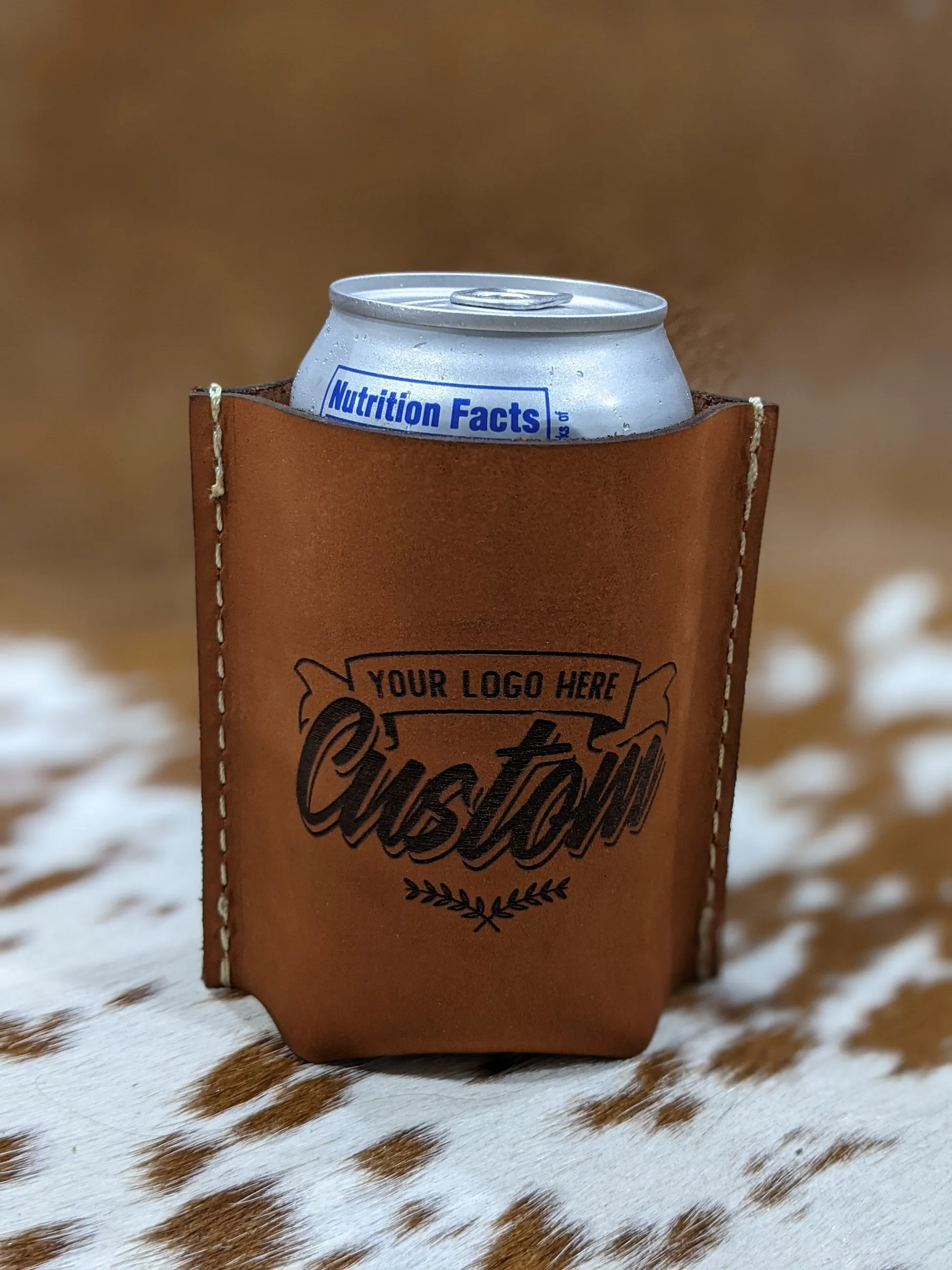 Handmade Brown Custom Laser Engraved Leather Koozie