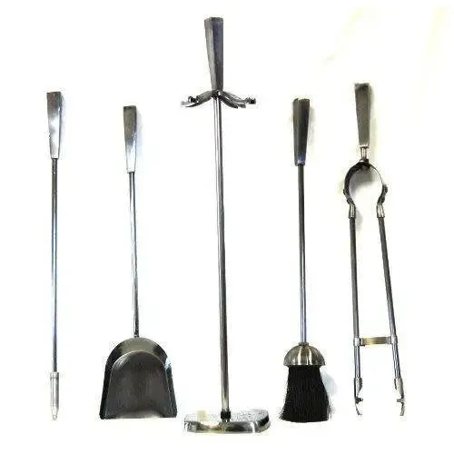 Inglenook Fire 91 - 5 Piece Fireplace Toolset Stand, Shovel, ,Poker, Tongs & Brush - Pewter