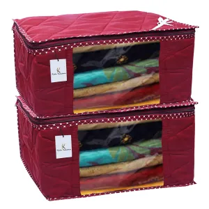 Kuber Industries 3 Layered Quilted 2 Pieces Cotton Saree Cover Set (Maroon) - CTKTC23168