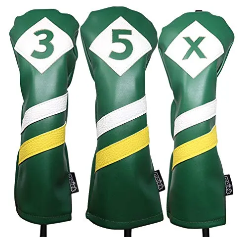 Majek Retro Golf Headcovers Green White and Yellow Vintage Leather Style