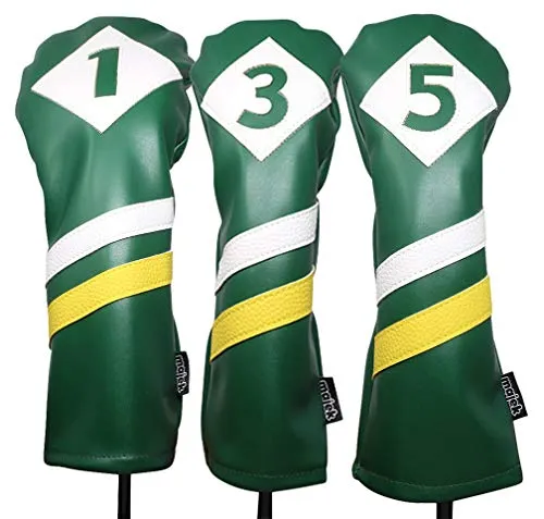 Majek Retro Golf Headcovers Green White and Yellow Vintage Leather Style