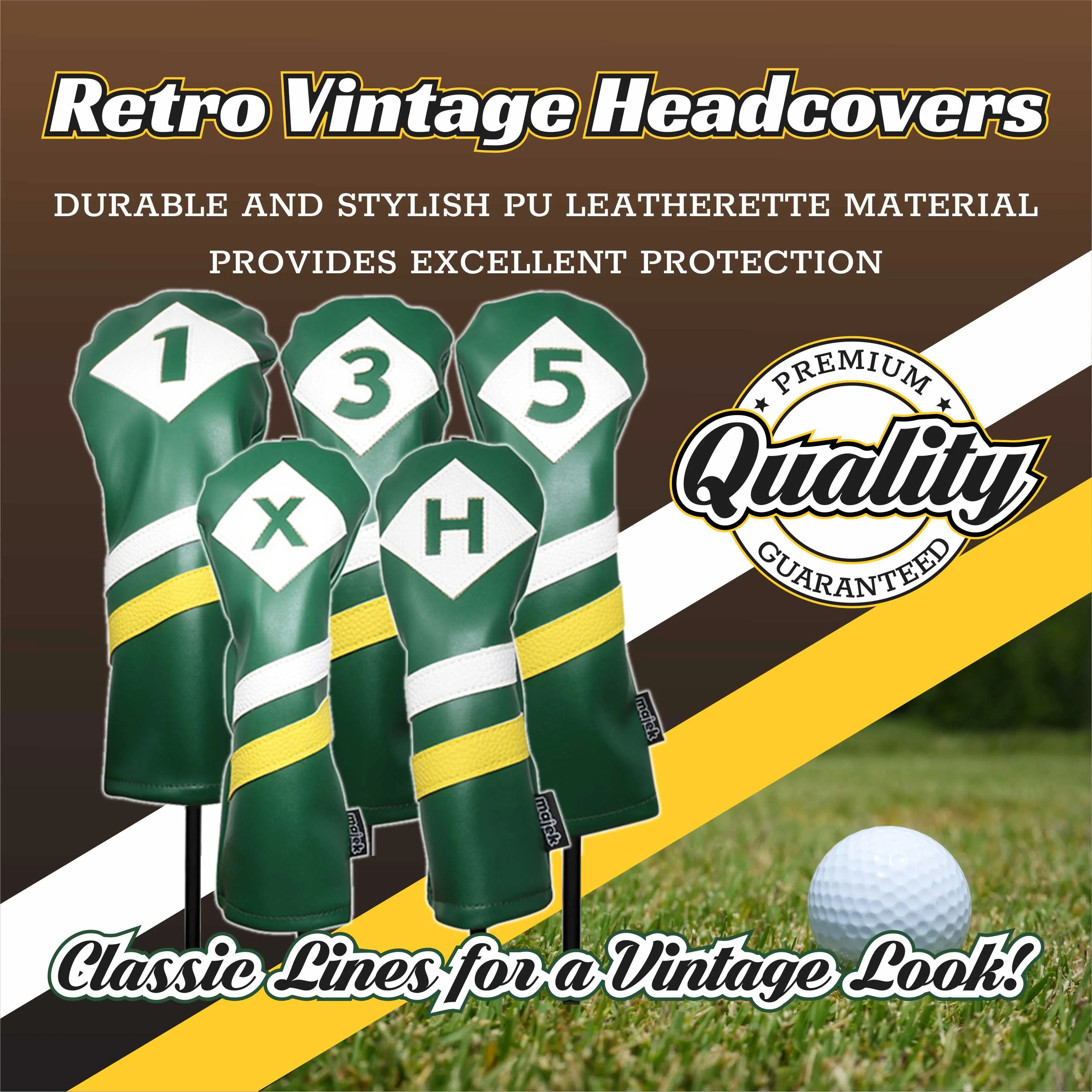 Majek Retro Golf Headcovers Green White and Yellow Vintage Leather Style