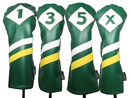 Majek Retro Golf Headcovers Green White and Yellow Vintage Leather Style