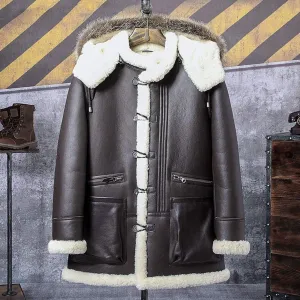 Men's Dark Brown B3 Hooded Shearling Leather Bomber Coat