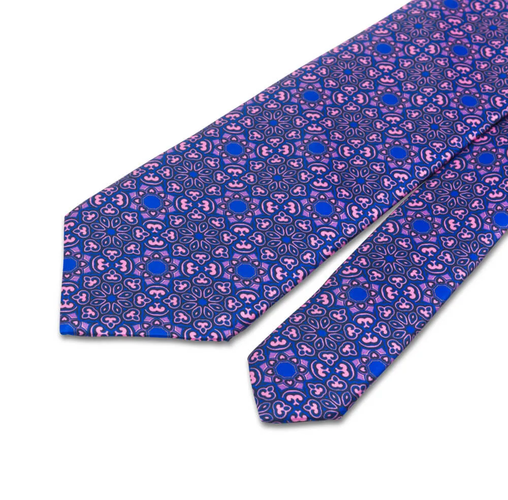 Pink and Blue Medieval Flowers Duchesse Silk Tie