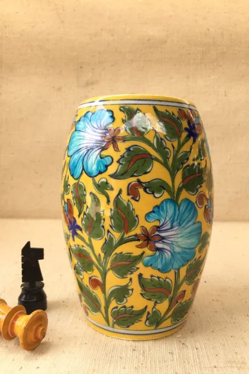 Ram Gopal Blue Pottery Handcrafted 'Drum Vase' Yellow Vase