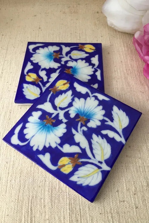 Ram Gopal Blue Pottery Handcrafted 'Flower Tile ' Blue White (Set of 2)