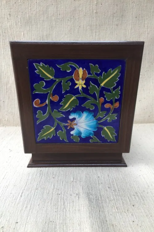 Ram Gopal Blue Pottery Handcrafted 'Lilly Jewellery Box ' Yellow Blue