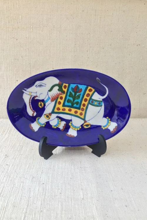 Ram Gopal Blue Pottery Handcrafted 'Oval Elephant Plate' With Stand Blue White