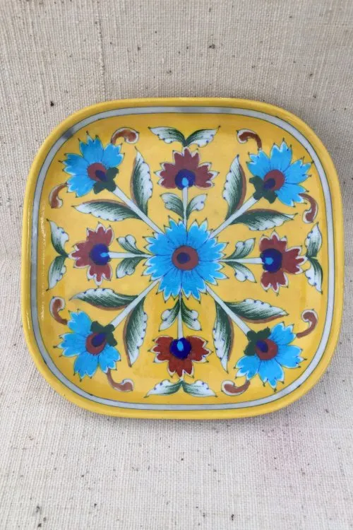 Ram Gopal Blue Pottery Handcrafted 'Snack Square Tray ' Yellow