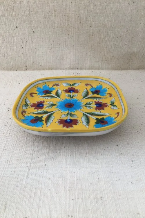 Ram Gopal Blue Pottery Handcrafted 'Snack Square Tray ' Yellow