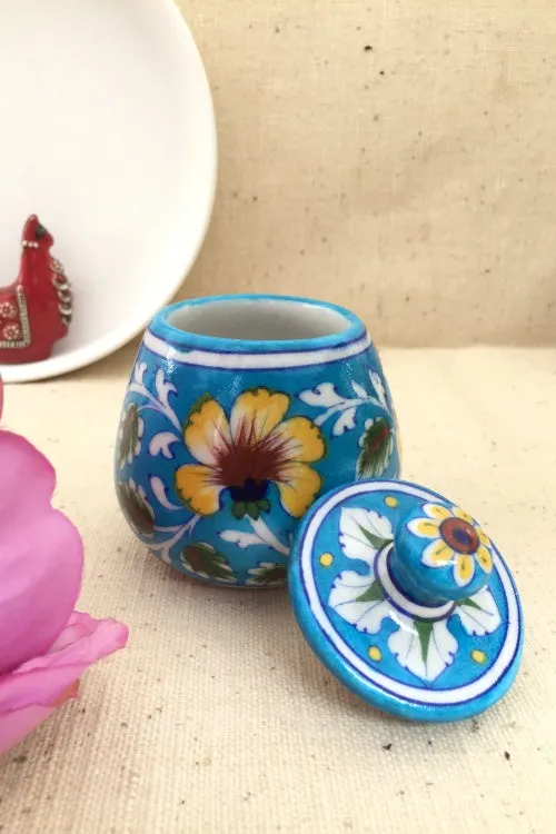 Ram Gopal Blue Pottery Handcrafted 'Sugar Pot ' Light Blue Yellow Jar