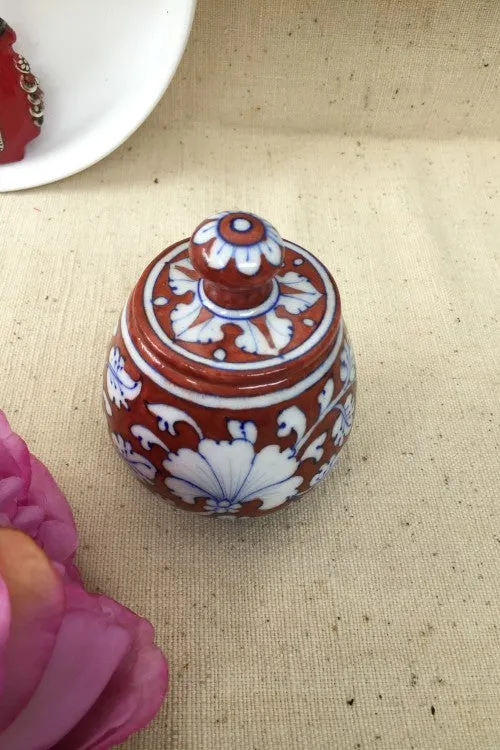 Ram Gopal Blue Pottery Handcrafted 'Sugar Pot ' Red White Jar