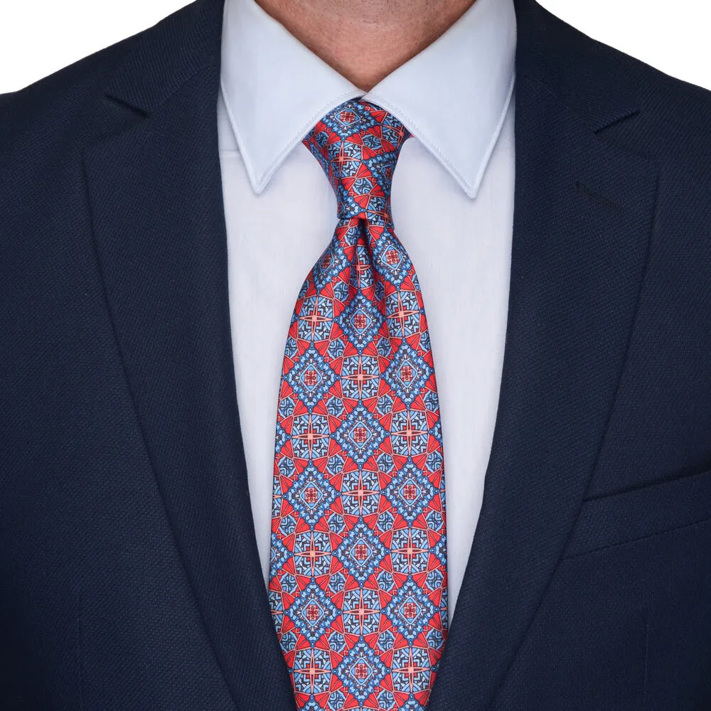 Red and Light Blue Medieval Art Duchesse Silk Tie