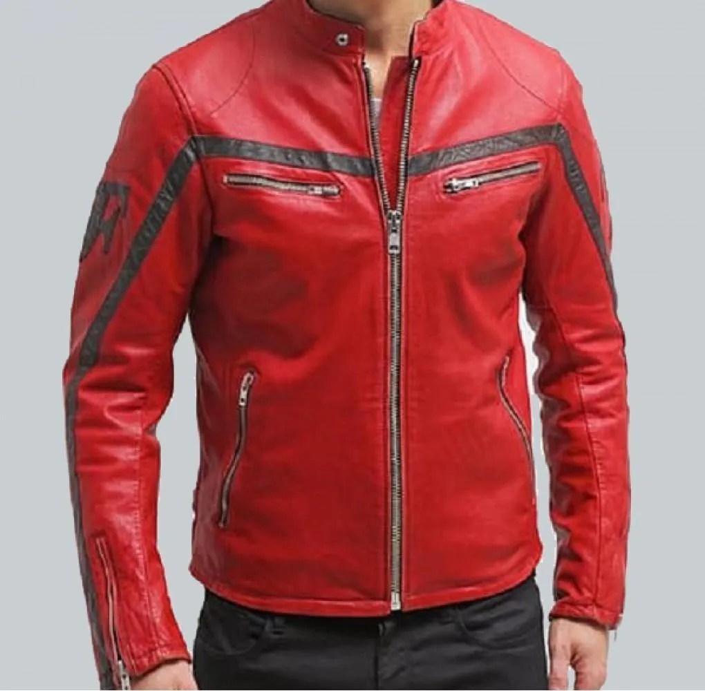 Red Leather Motorcycle Jacket with Black Stripes