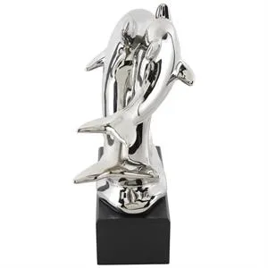 Silver Ceramic Dolphin Sculpture with Black Block Base - 10" X 4" X 9"