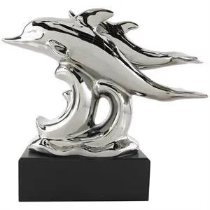 Silver Ceramic Dolphin Sculpture with Black Block Base - 10" X 4" X 9"