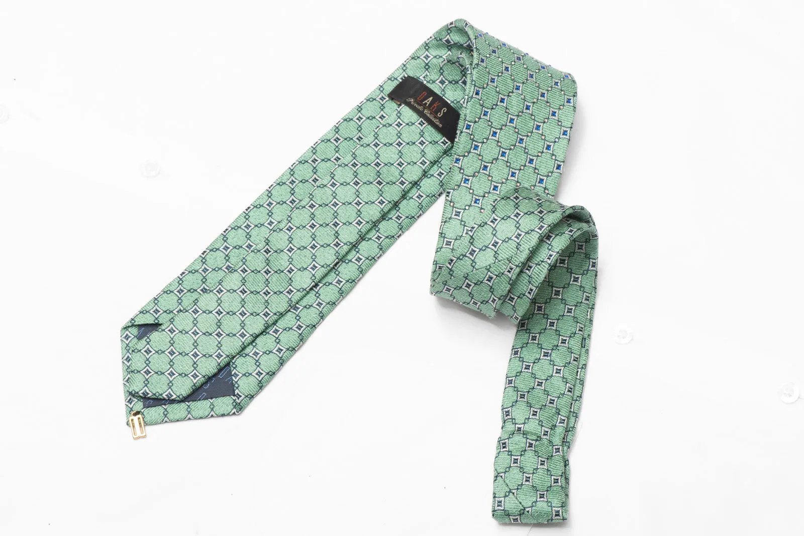 Silver Geometric On Mint Green Rhinestone Silk Necktie With Silver Sparkles